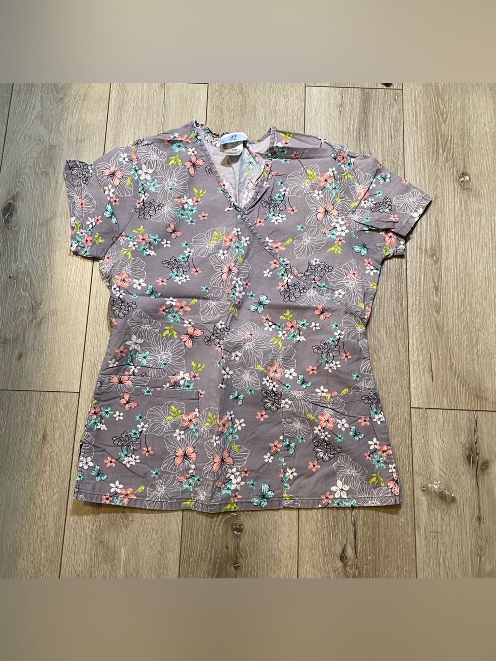SB Scrubs Floral Butterfly‎ Scrub Top V-Neck Medical Uniform Grey Small